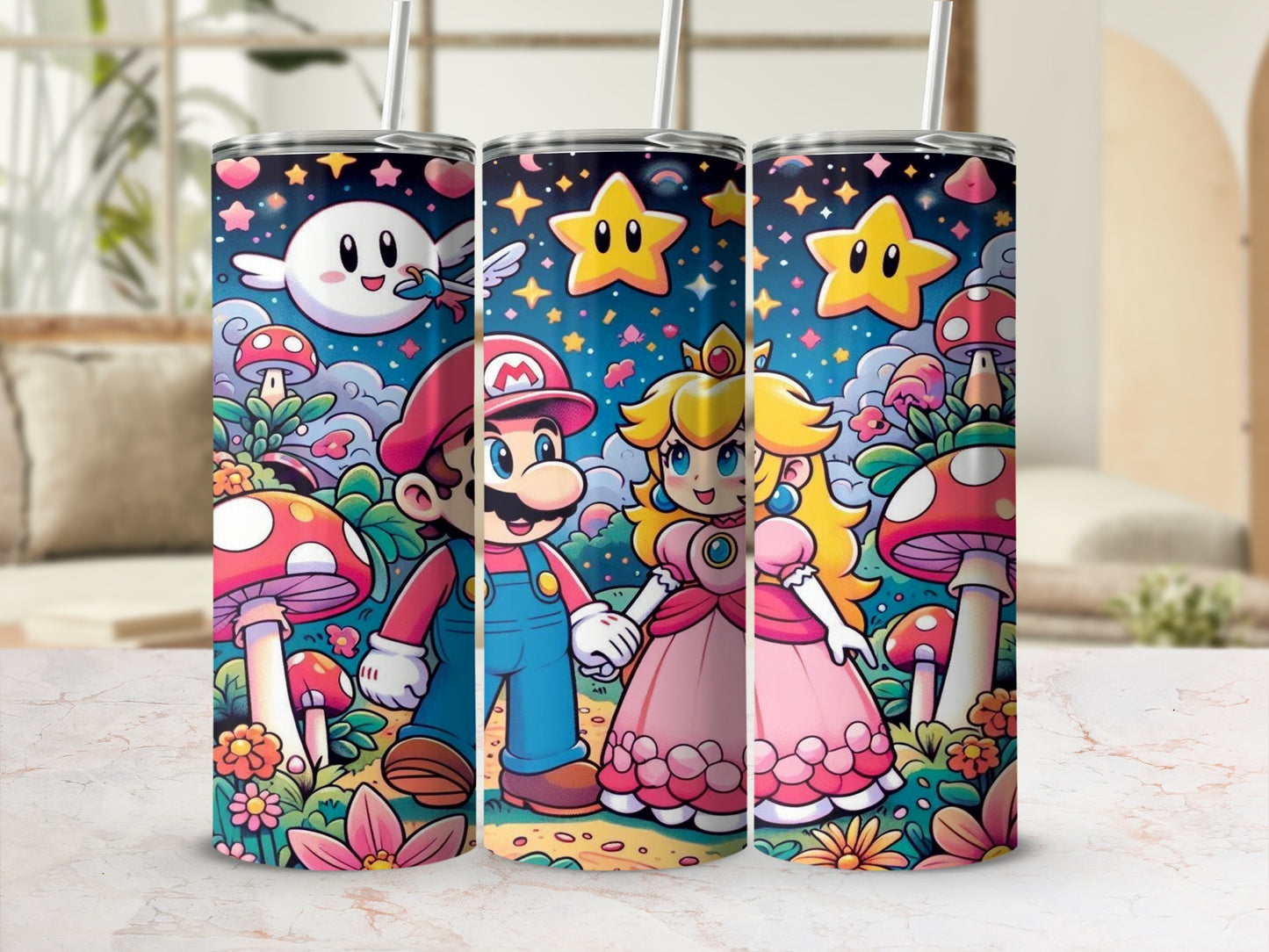 Colorful Mario and Princess Peach Themed Tumbler