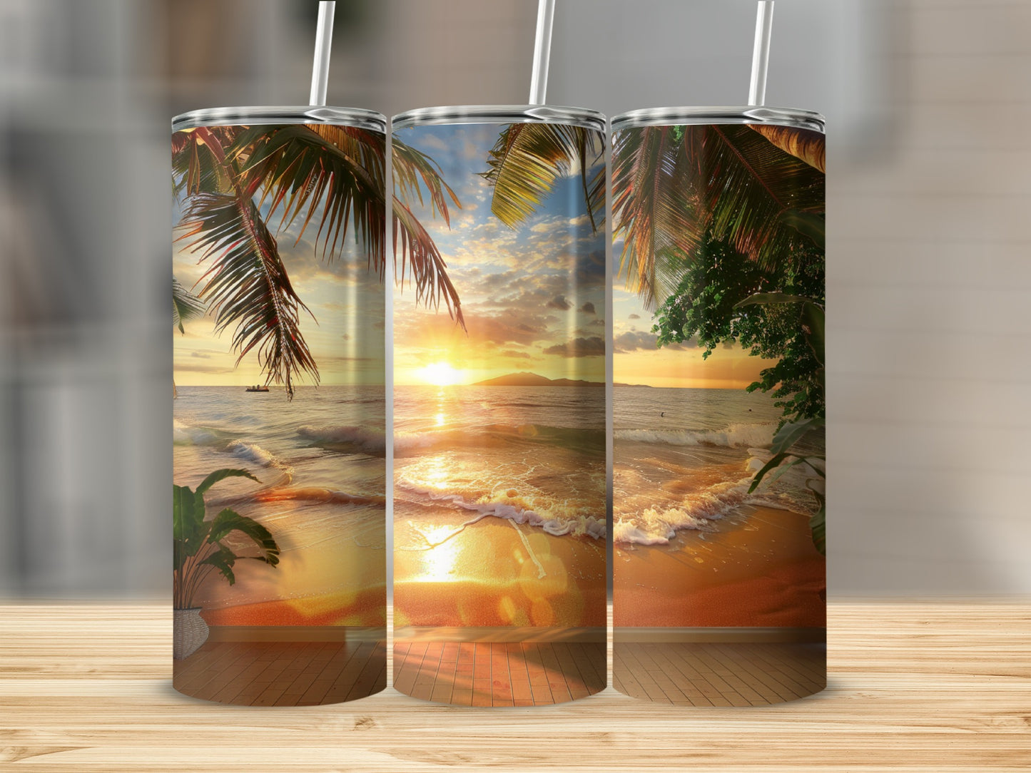 Three tumblers with a tropical beach sunset scene.