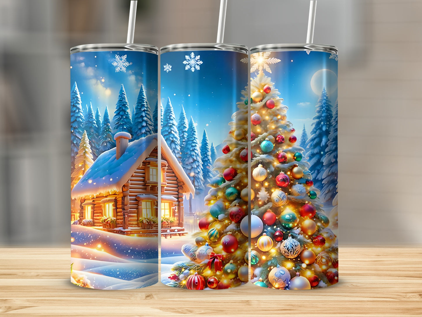 Festive Christmas Tree and Cabin in Snow drinkware
