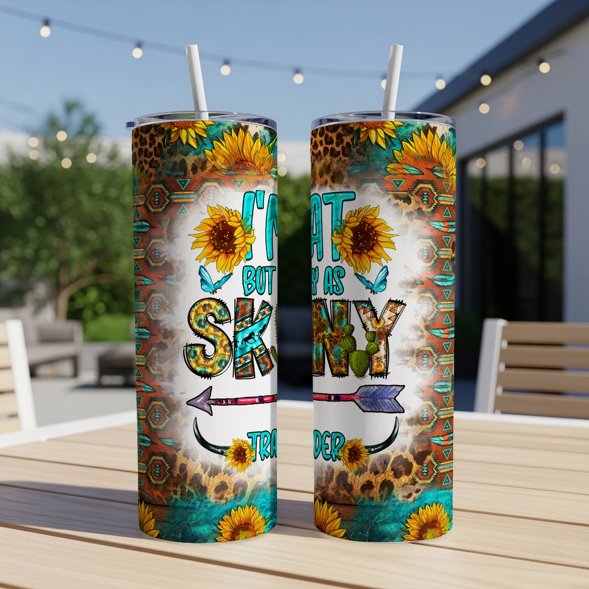 Tumbler with sunflowers, animal print, and "I'm fat but as skinny as a toothpick" text.
