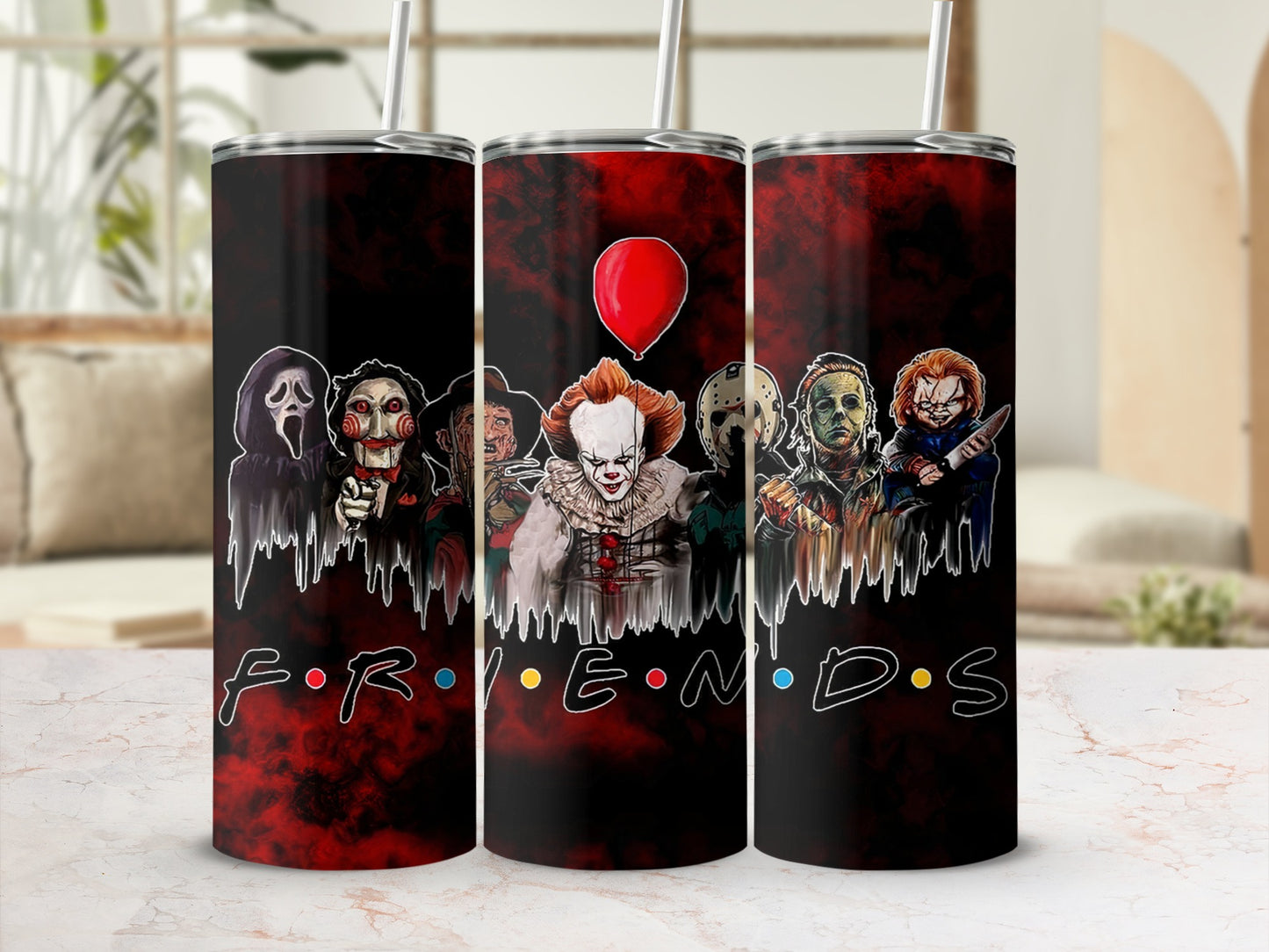 Horror movie villains inspired by Friends TV show on a tumbler.