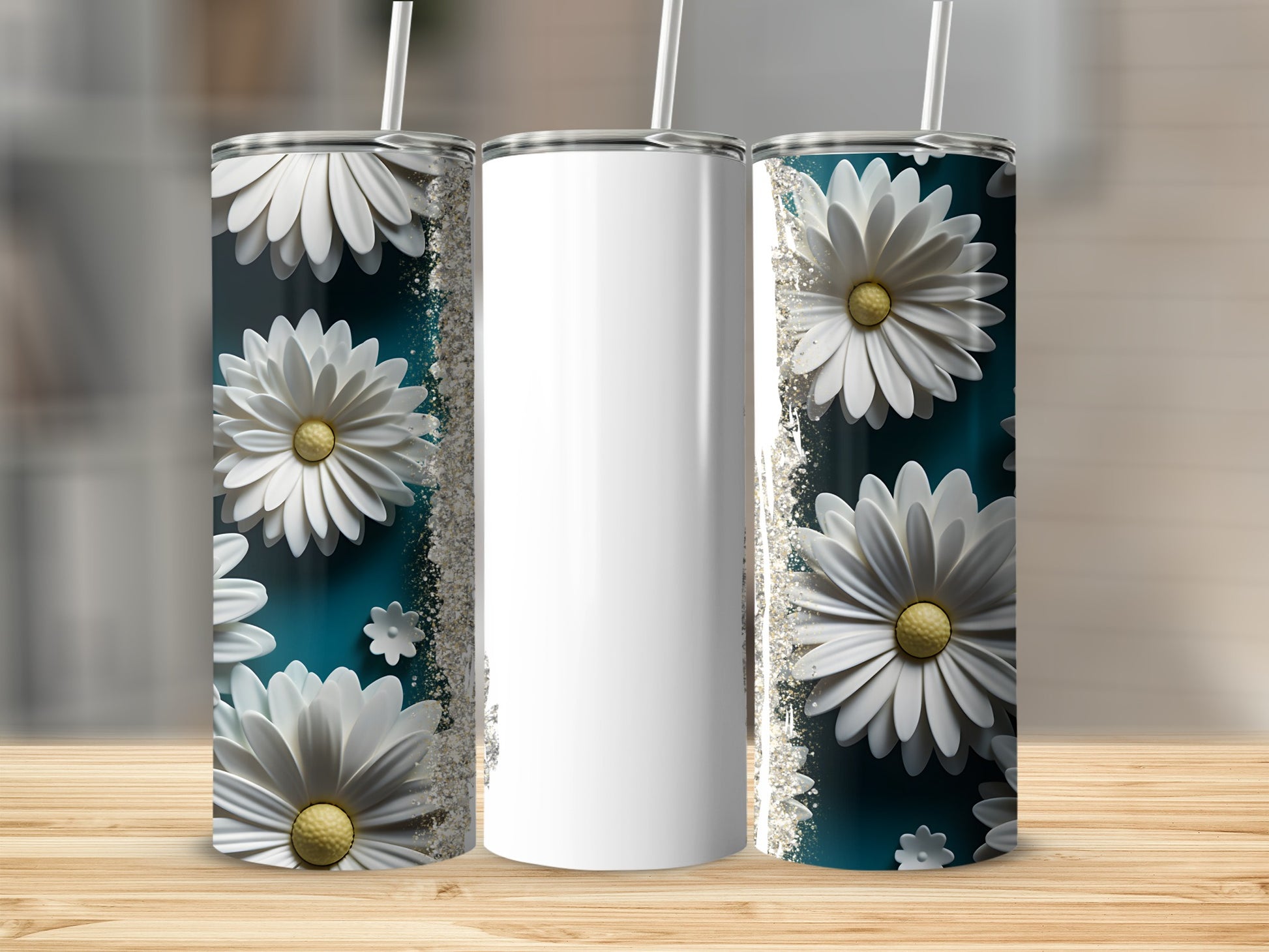 White tumbler with white daisies and green glitter accents.