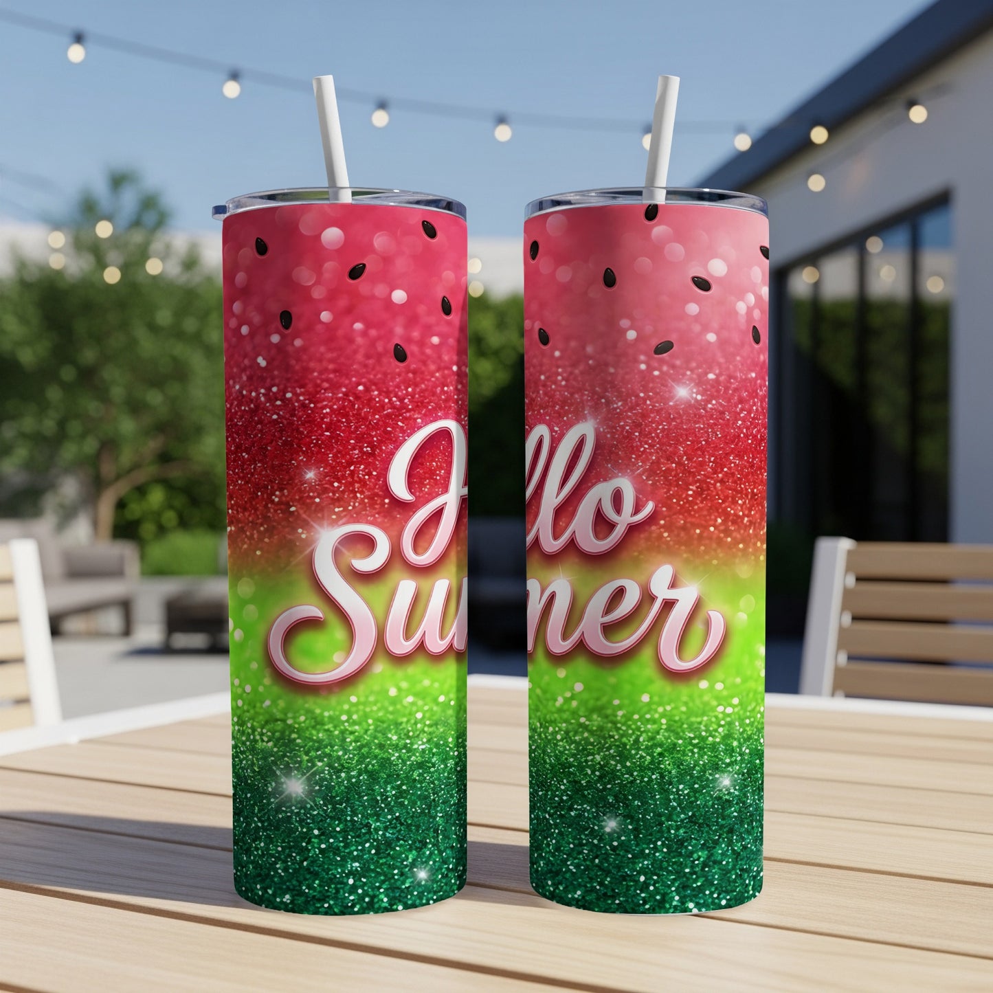 Two glittery tumblers with "Hello Summer" text on watermelon pattern.