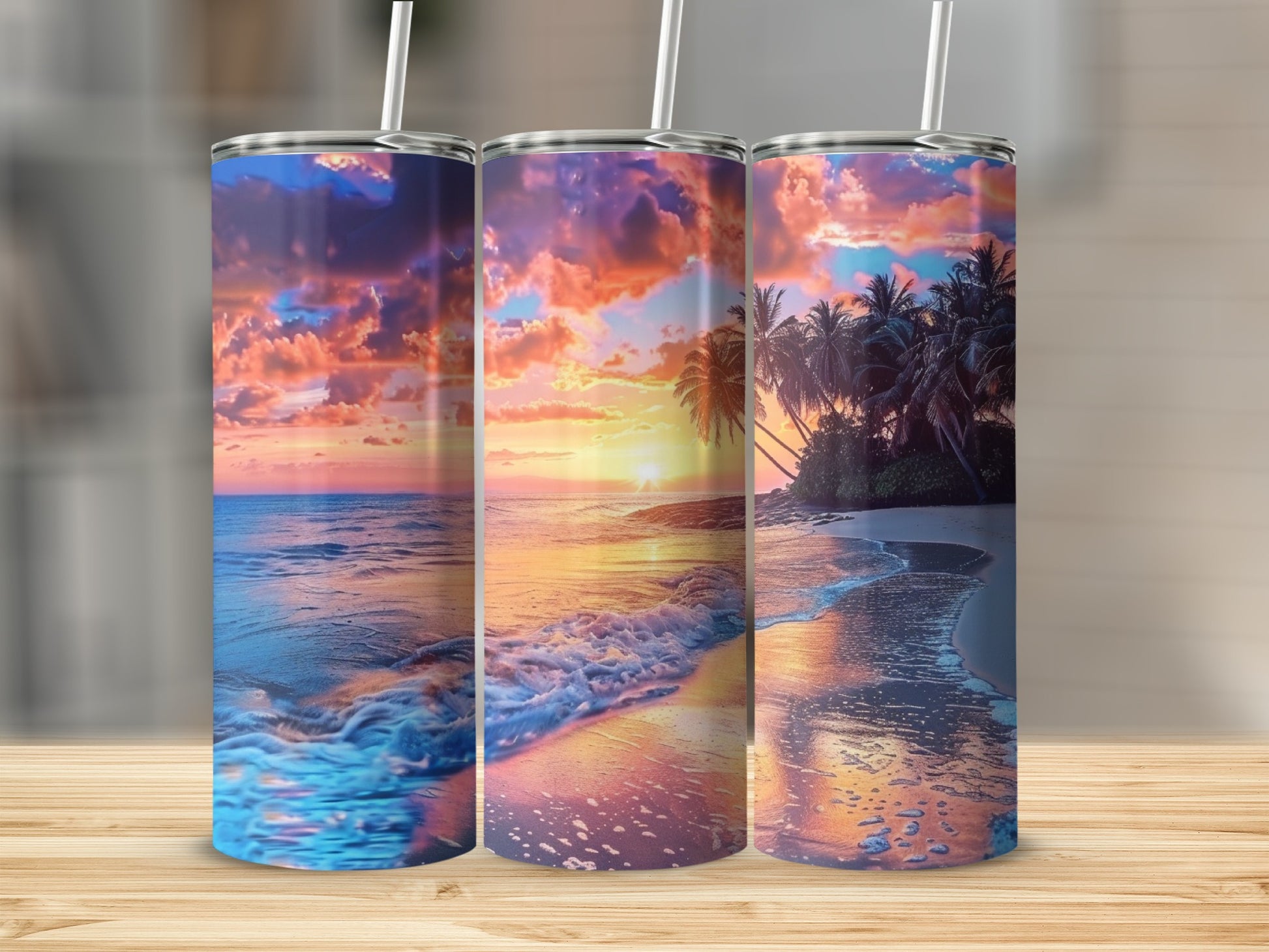 Three tumblers showcasing a tropical beach sunset scene with palm trees.