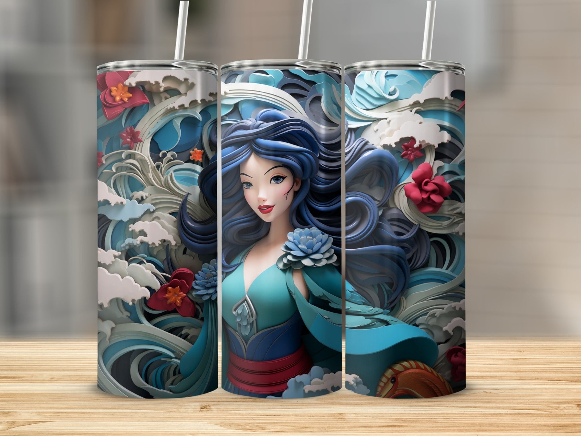 Artistic Woman and Floral Wave Design Tumbler