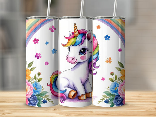 Three tumblers with a rainbow unicorn and floral accents.