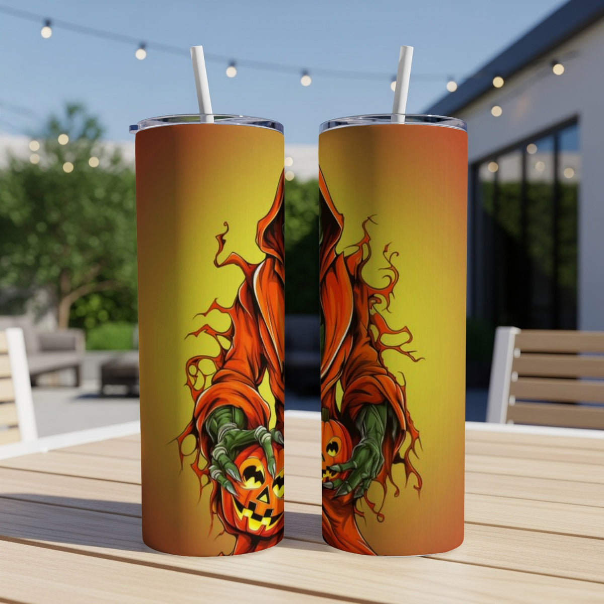 Two tumblers feature a Halloween reaper holding carved pumpkins on an orange and yellow background.