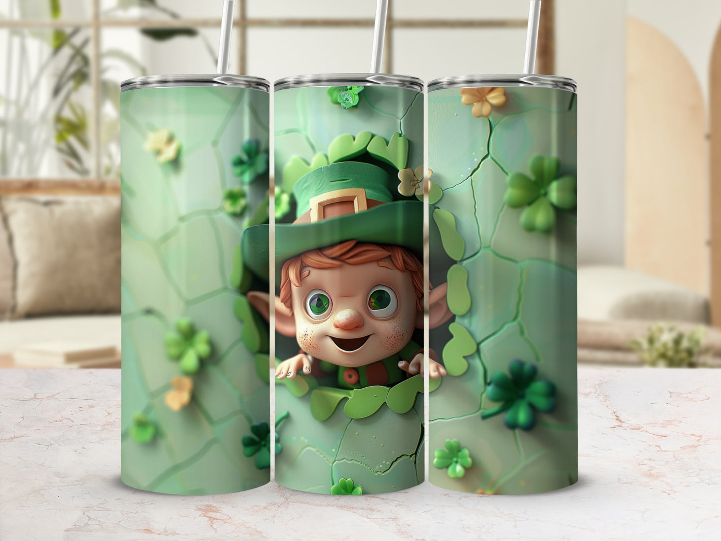 Leprechaun peeking through cracked green surface with shamrocks.