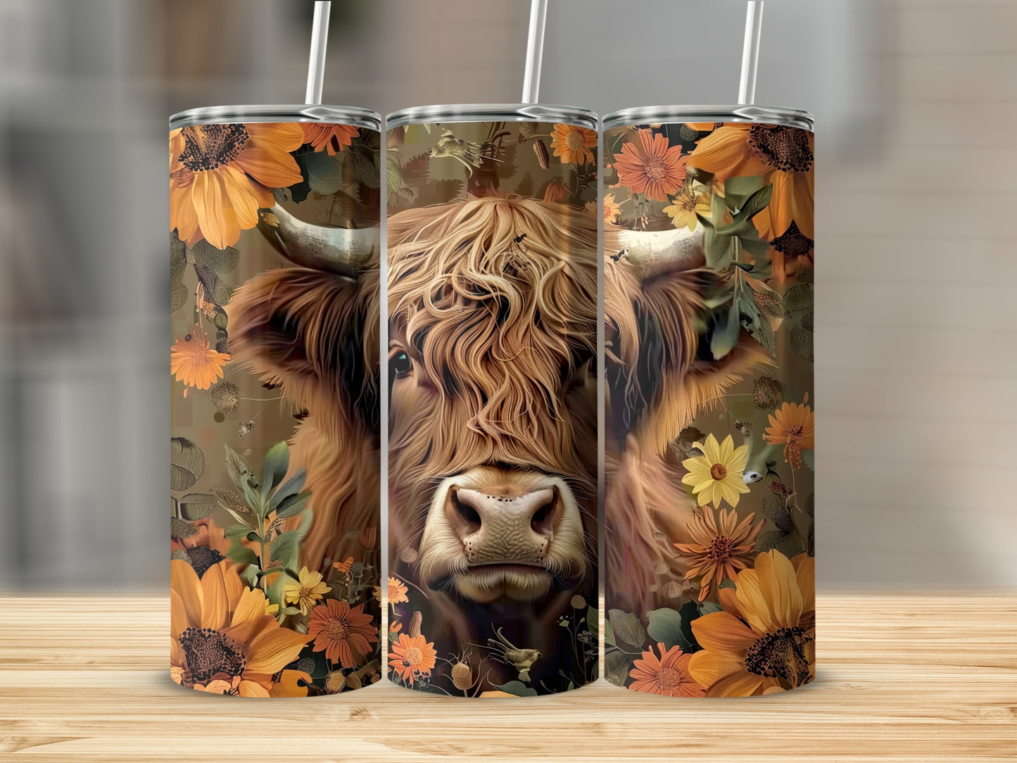 Three tumblers featuring a Highland cow surrounded by sunflowers.