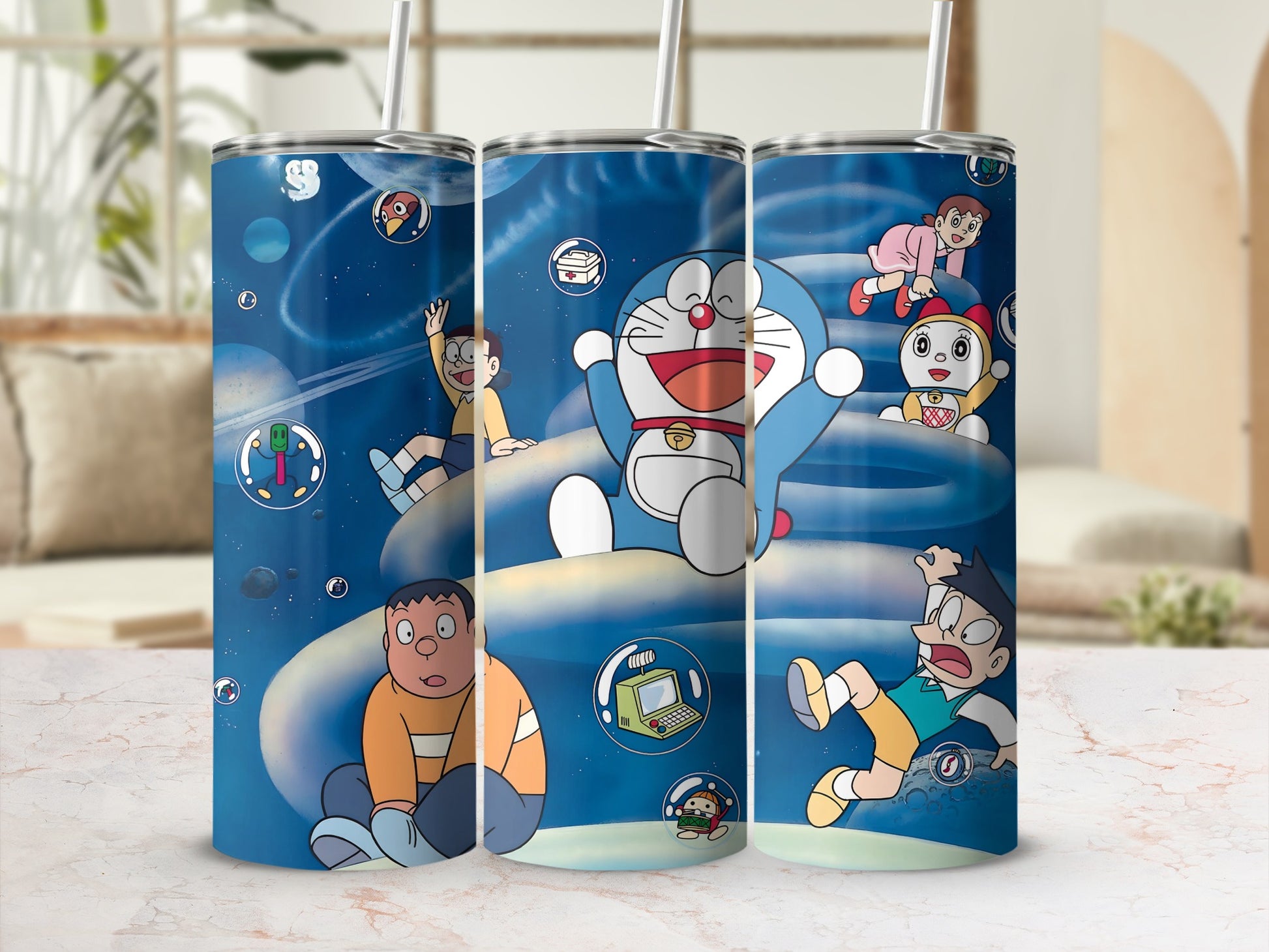 Fun Cartoon Characters on Blue Background Tumbler