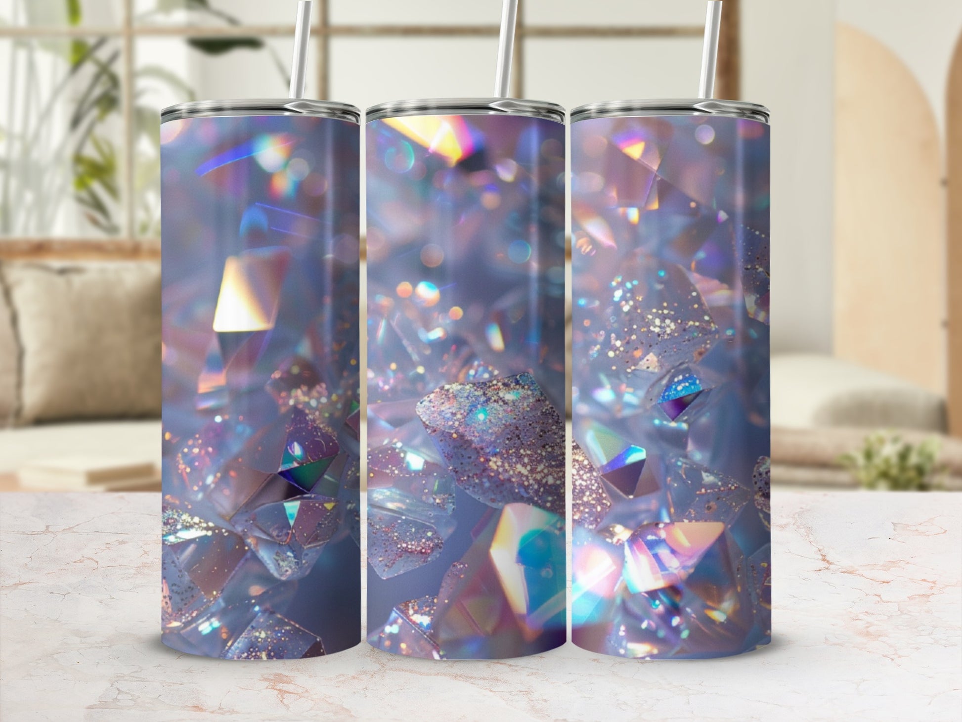 Three tumblers with a holographic glitter gem design.