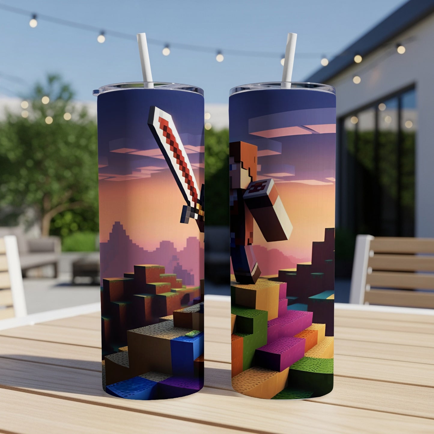 Minecraft character with sword standing on colorful blocks in pixelated landscape.