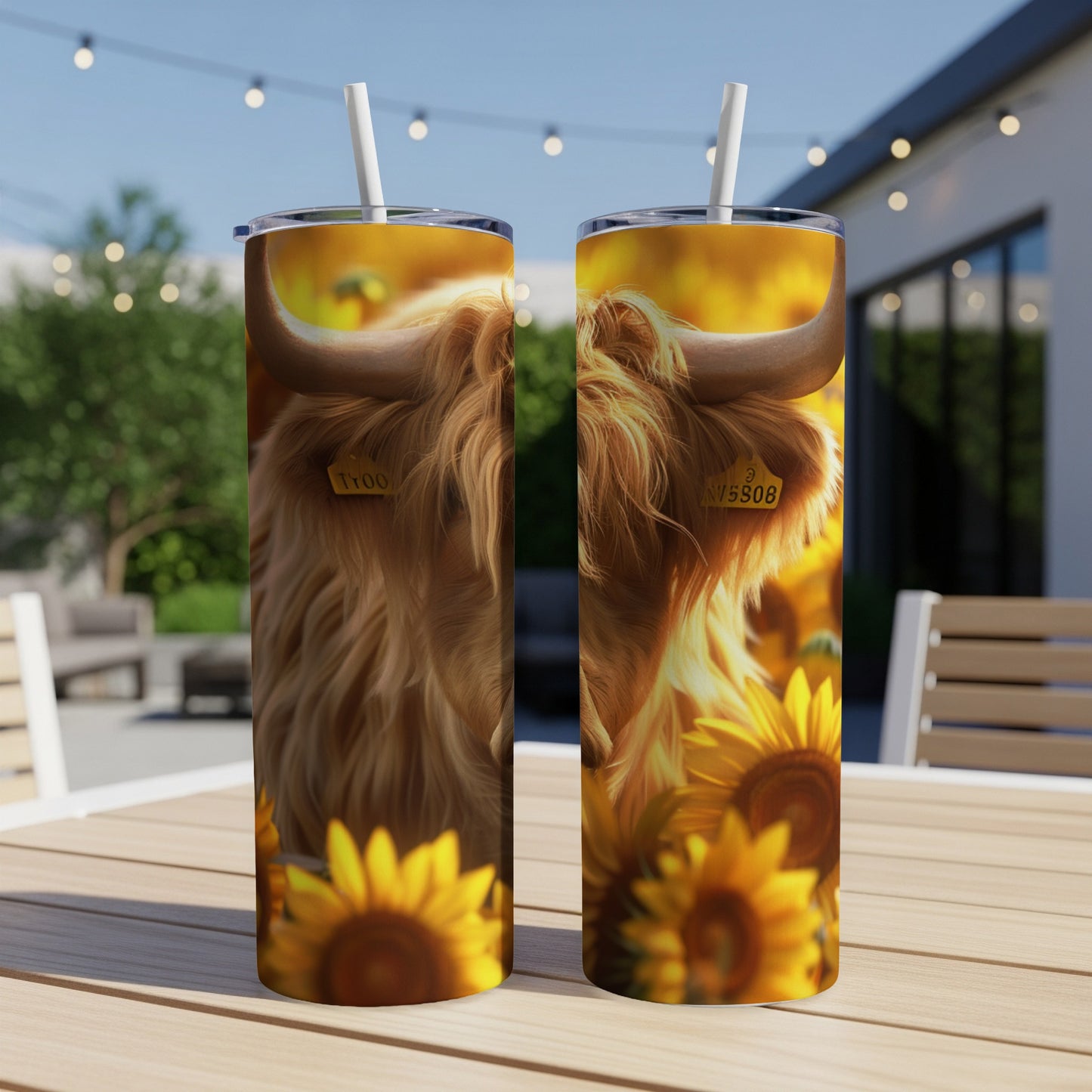 Highland cow on a tumbler surrounded by sunflowers.