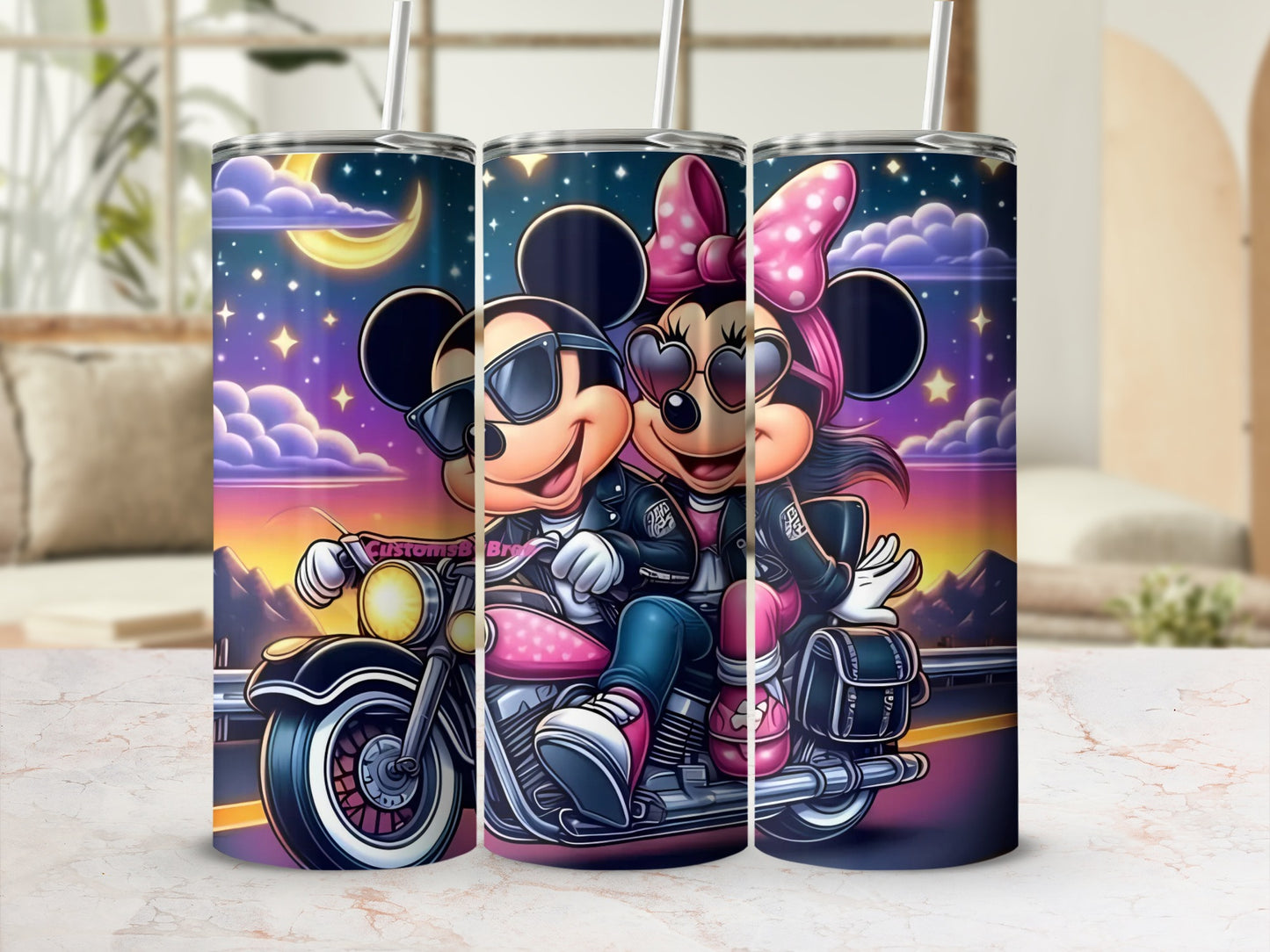 Mickey and Minnie Riding Motorcycle Tumbler Cup