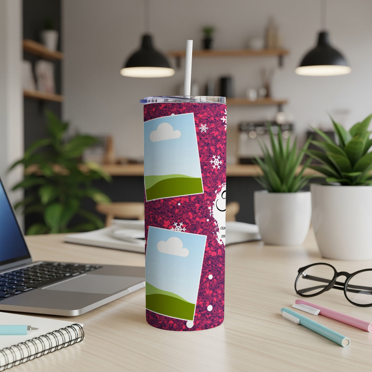 Tumbler with photo frames, snowflakes, and text on a pink glitter background.