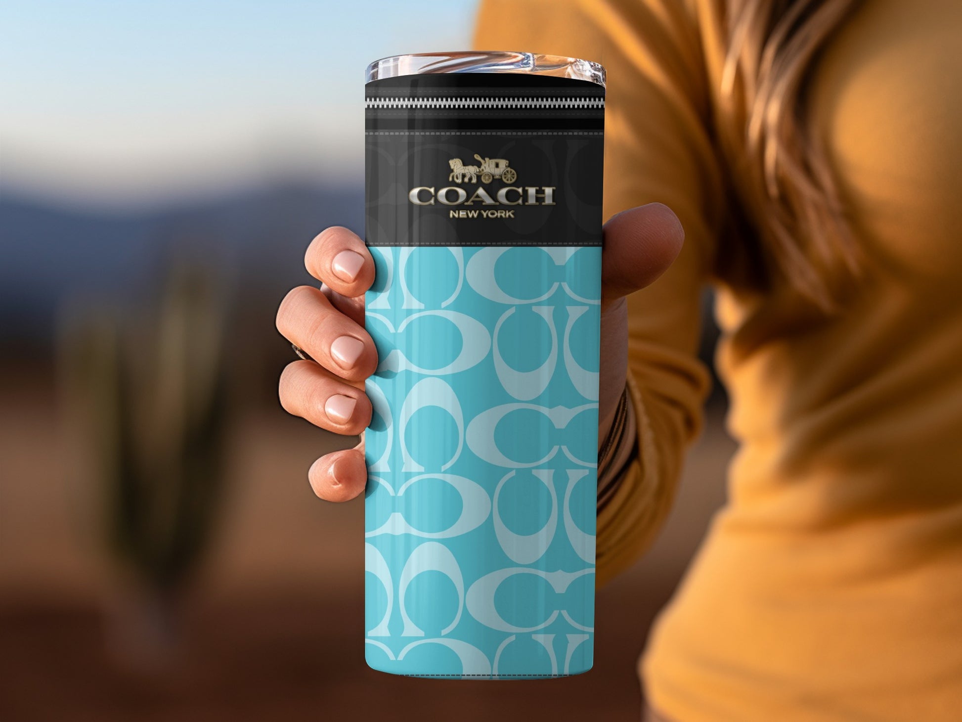 Coach New York Blue Travel Mug with Iconic Print