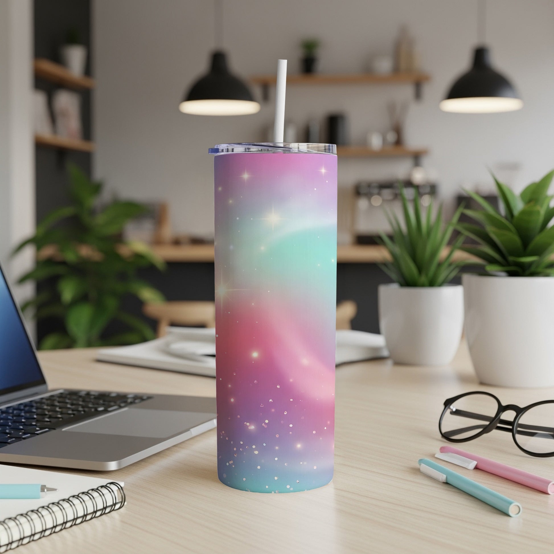 Pink and blue galaxy tumbler with white lid and straw on a desk.