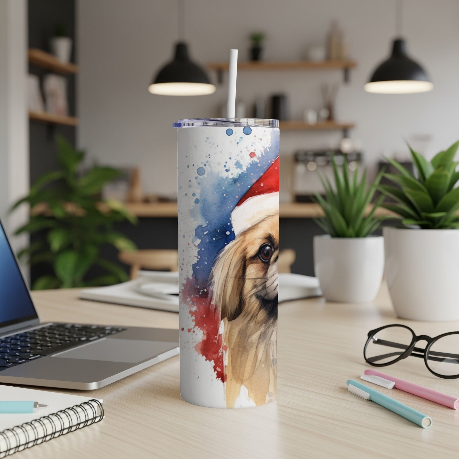 Watercolor Pekingese dog in Santa hat on insulated tumbler.