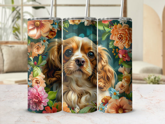 Three tumblers featuring a Cavalier King Charles Spaniel surrounded by flowers.