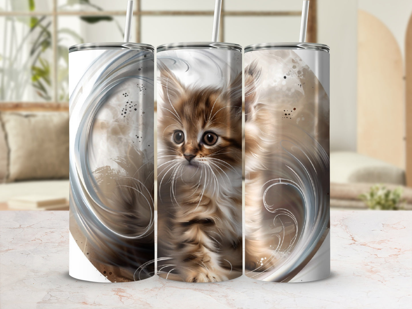 Fluffy kitten peeking through swirling artistic lines on a white tumbler.