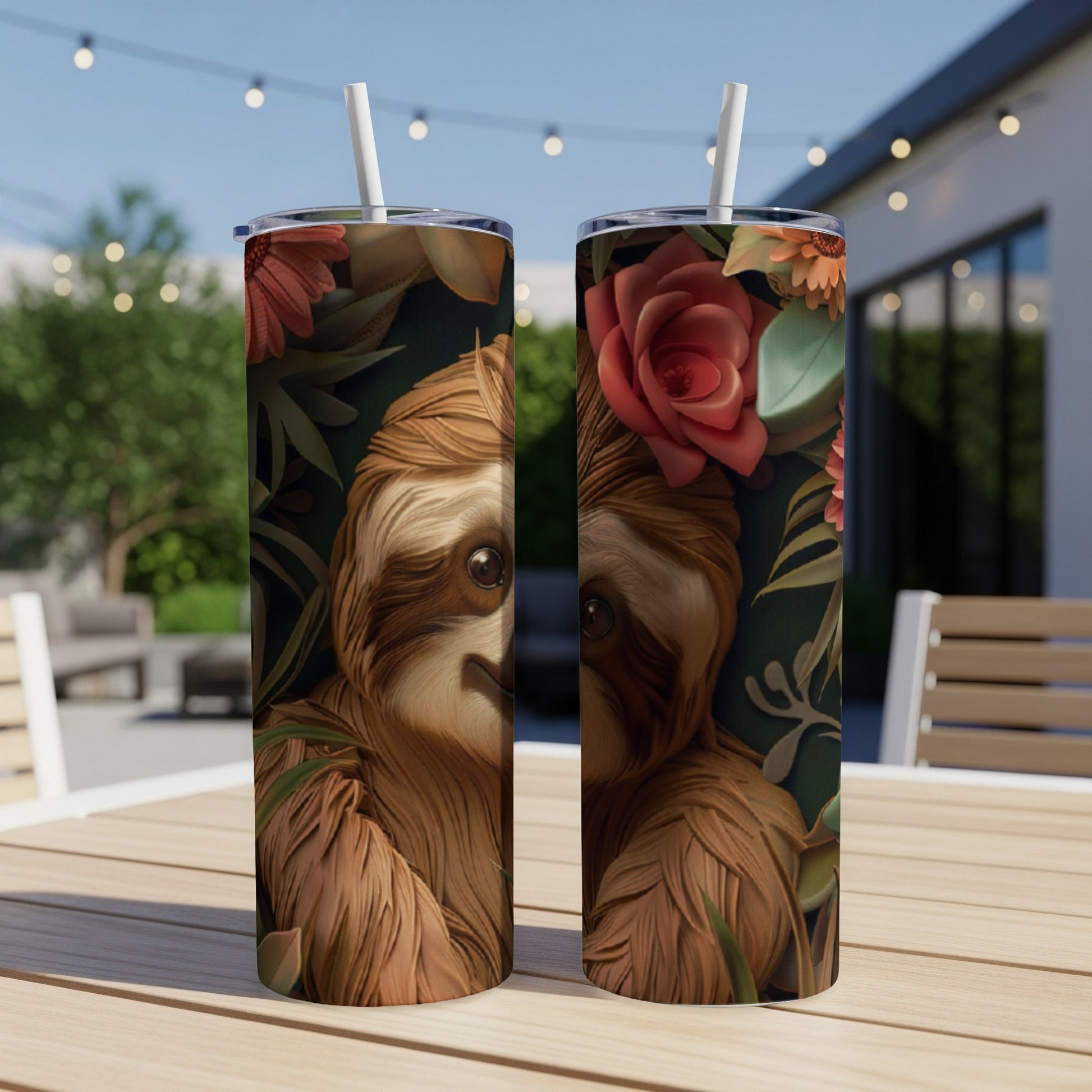 Two tall tumblers featuring a sloth illustration with tropical foliage and red roses.