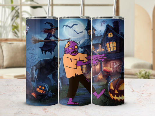 Halloween tumbler with witch, werewolf, zombie, haunted house, and pumpkins.
