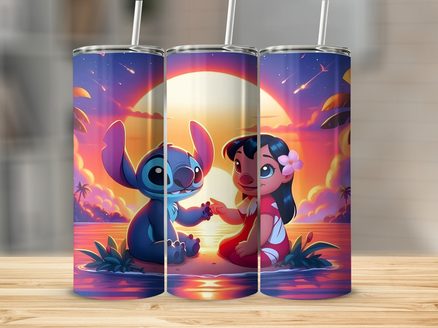 Sunset Beach Scene Water Bottles with Cartoon Characters
