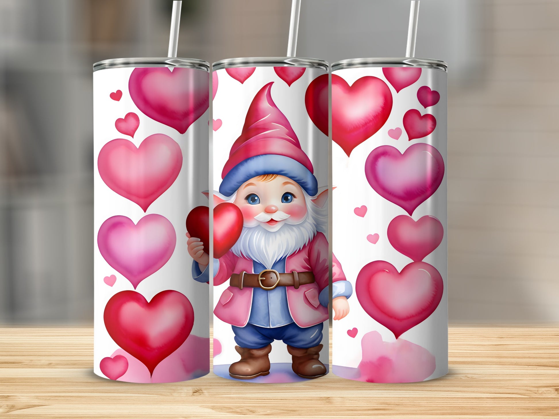 Three Valentine's Day gnomes holding hearts, on pink backgrounds.