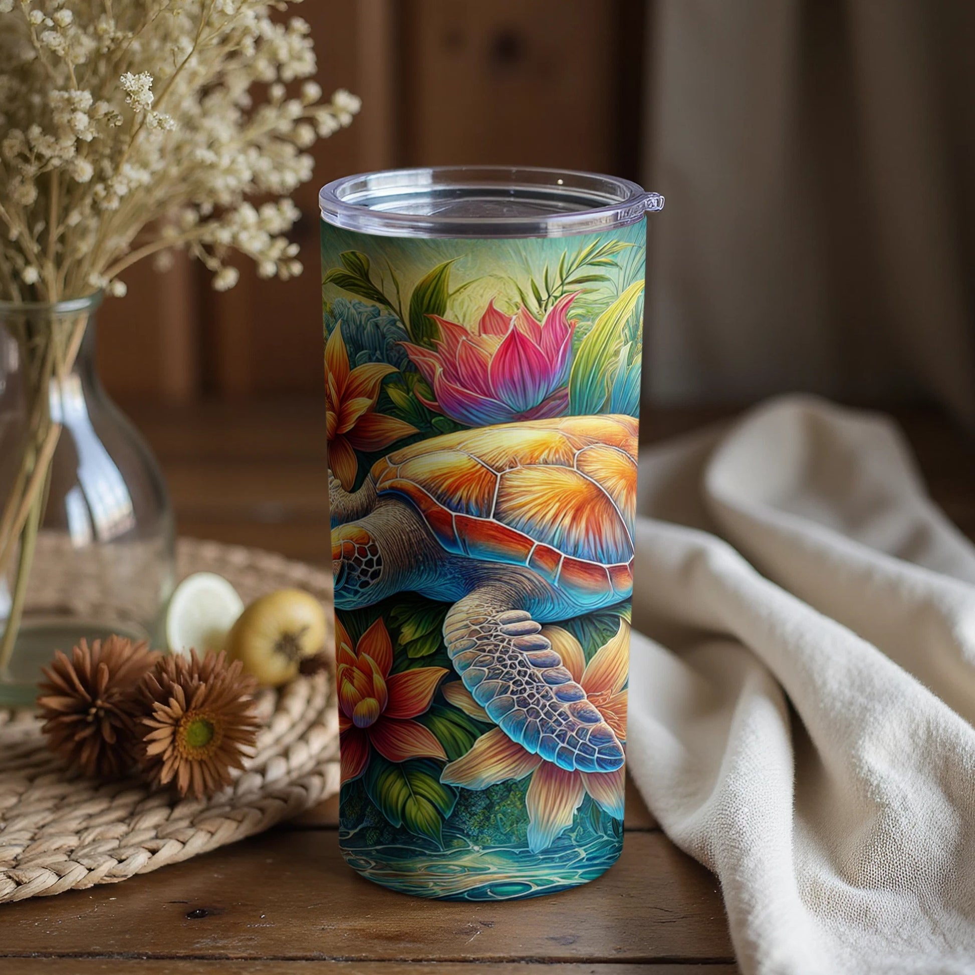 Colorful Tropical Turtle Artwork on Drink Tumbler
