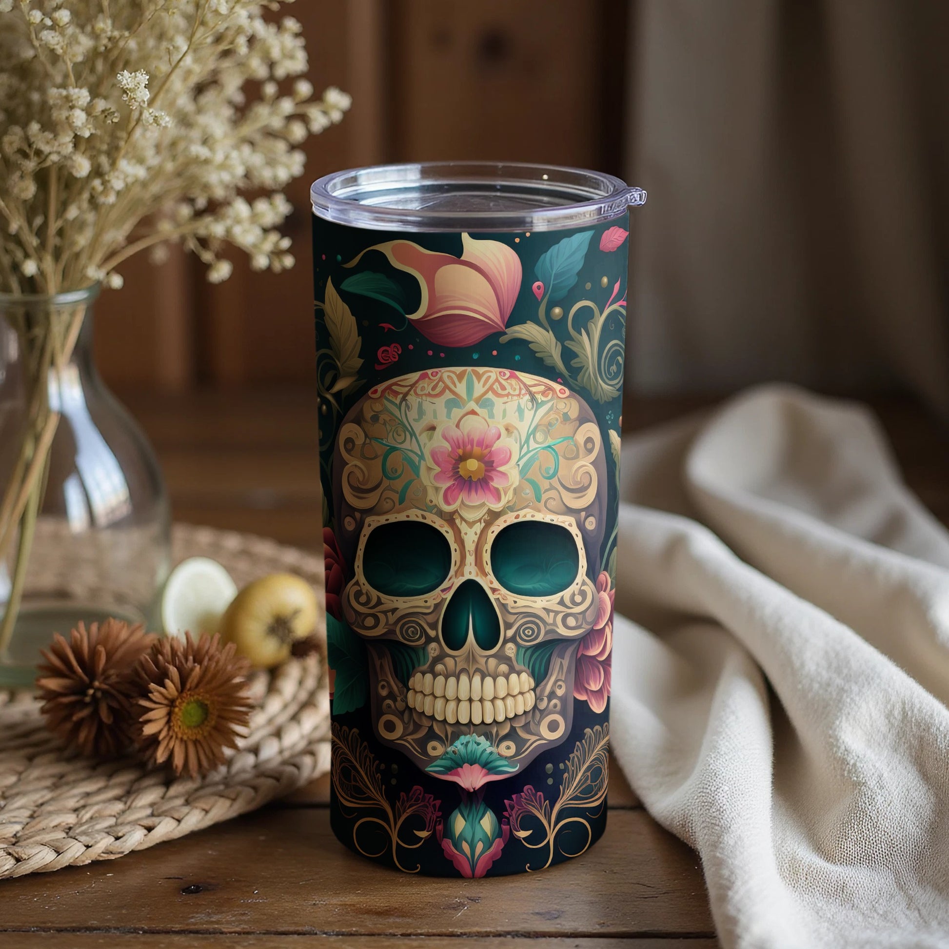 Floral Skull Design Tumbler for Beverage Enthusiasts