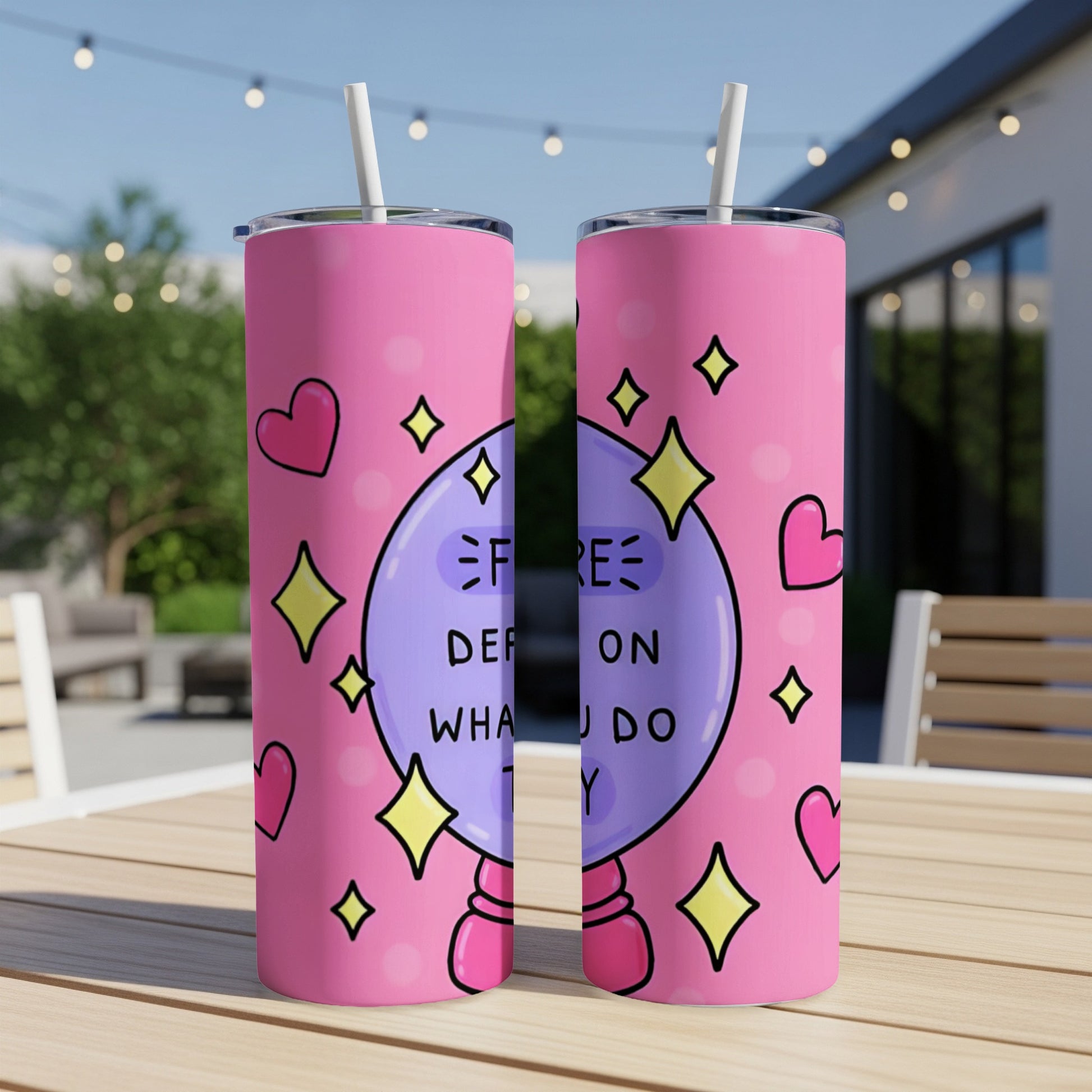 Two pink tumblers with stars, hearts, and the text "Believe on what you do".
