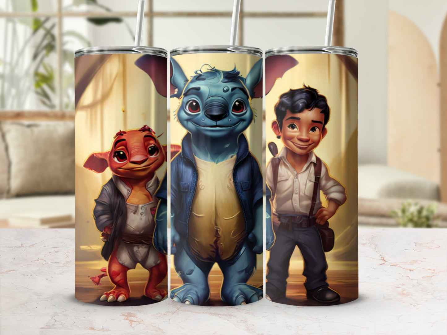 Three characters from Disney's Lilo & Stitch: Stitch, Lilo, and a dragon.