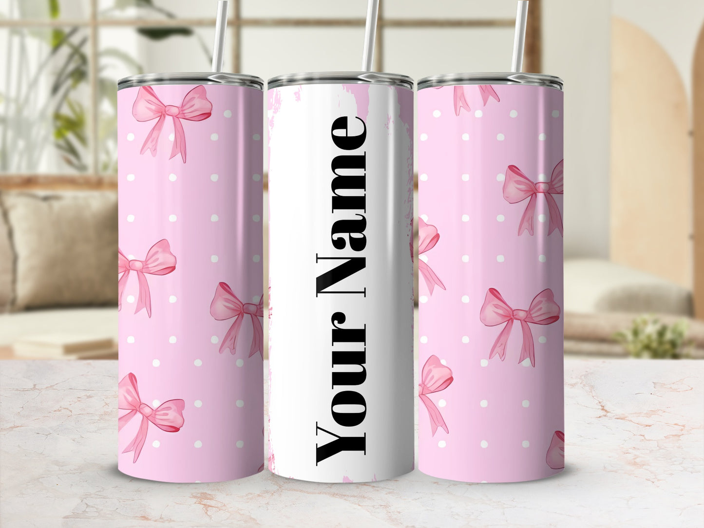 Personalized Pink Bow and Polka Dot Tumbler