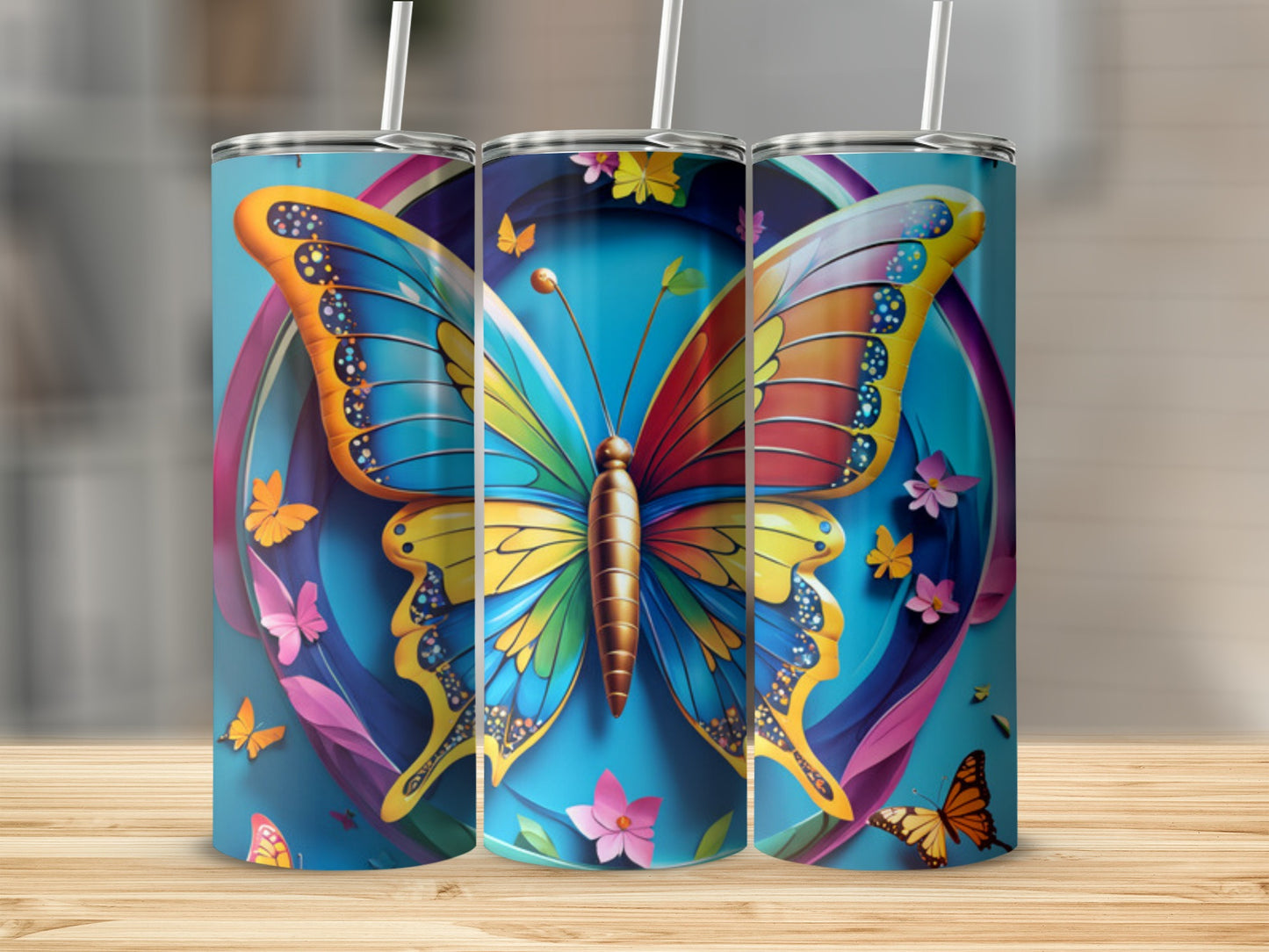 Colorful butterfly tumbler with floral accents.