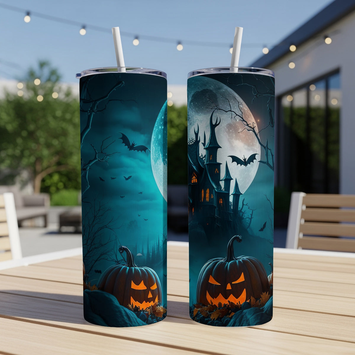 Two tumblers featuring a spooky Halloween scene with pumpkins and a haunted castle.