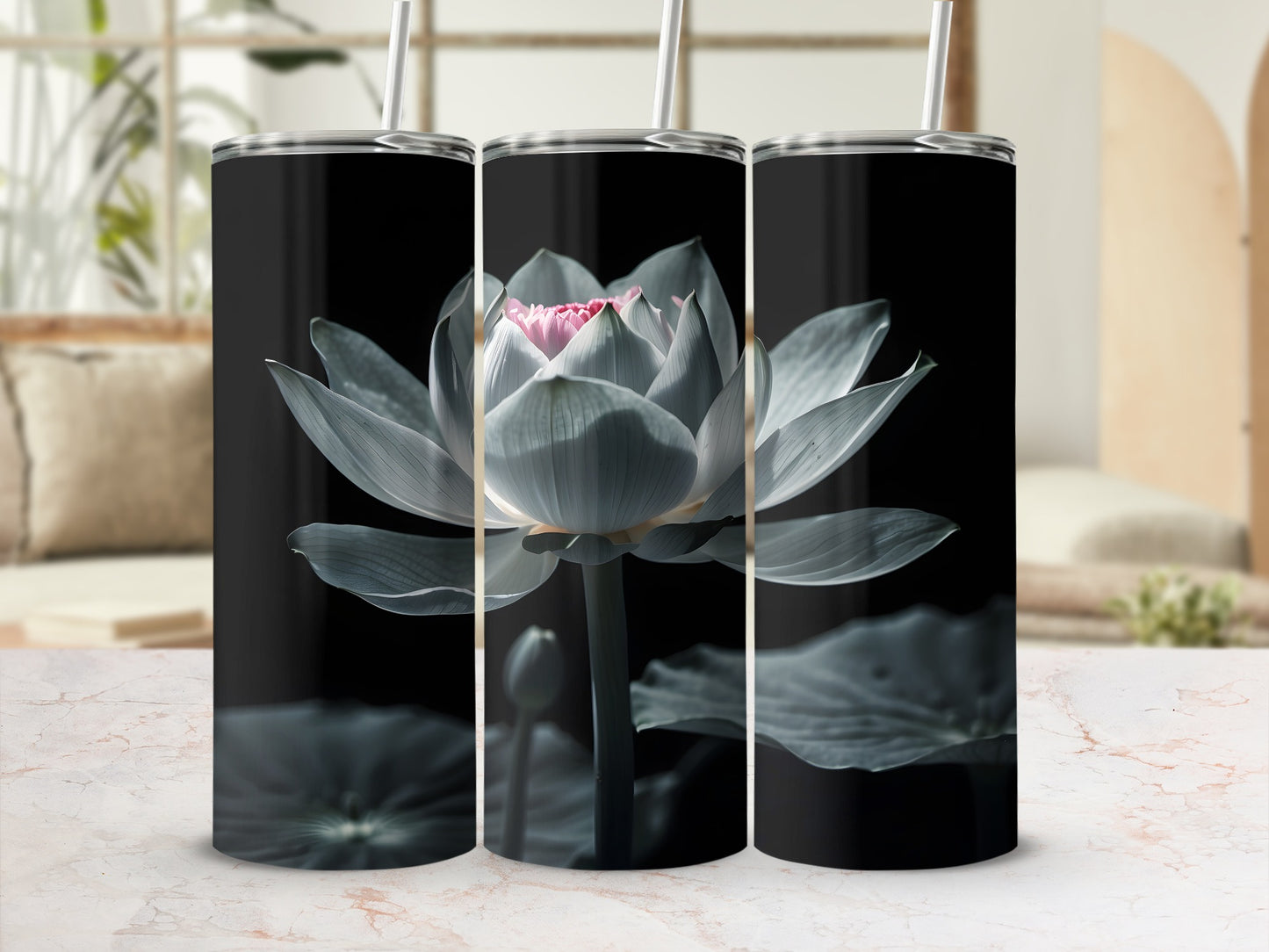 Elegant Lotus Blossom Pink Gray Dark Background Tumbler product type