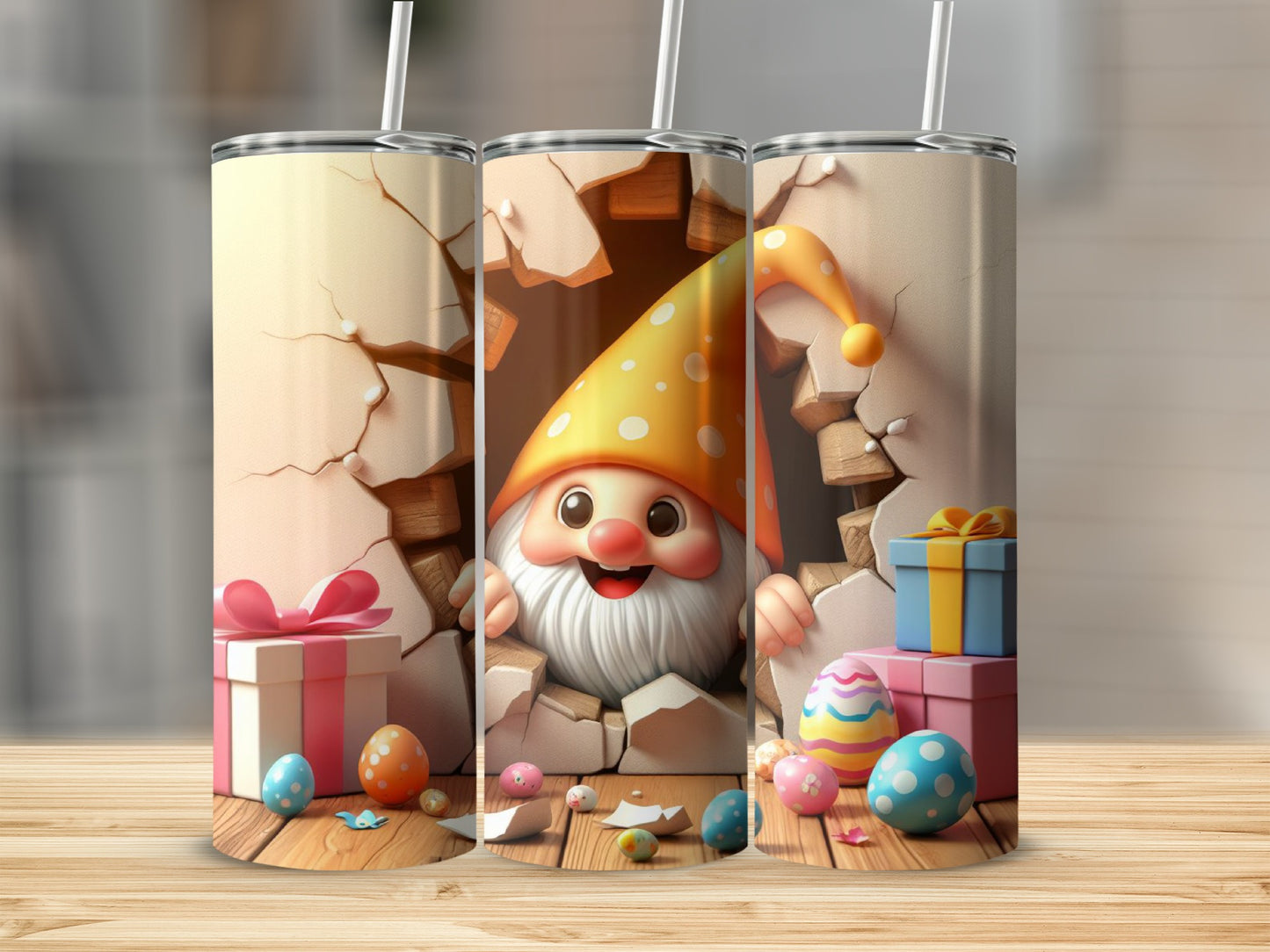Cute Easter gnome peeking through cracked wall with colorful eggs and gifts.