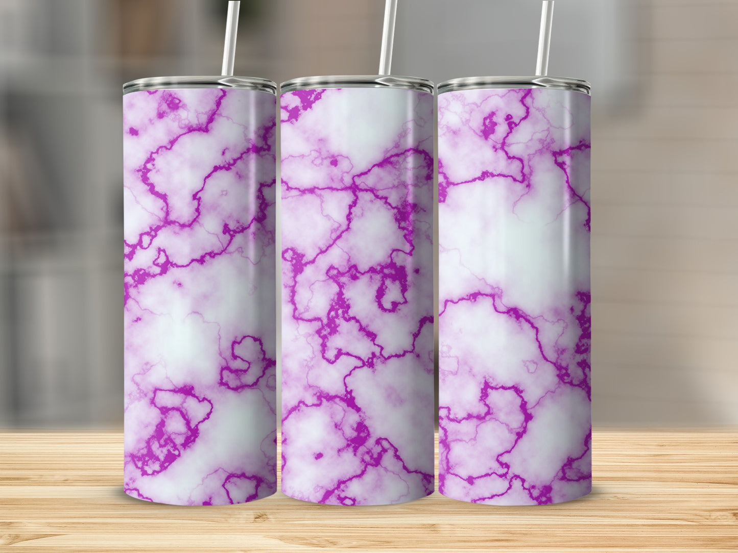 Three white tumblers with purple marble pattern and straws.