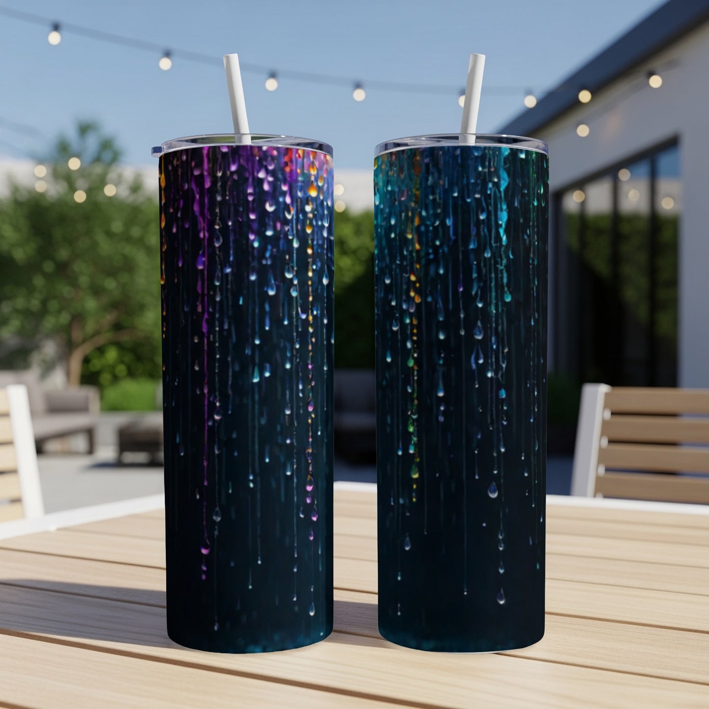Two dark tumblers with colorful dripping glitter designs and straws.
