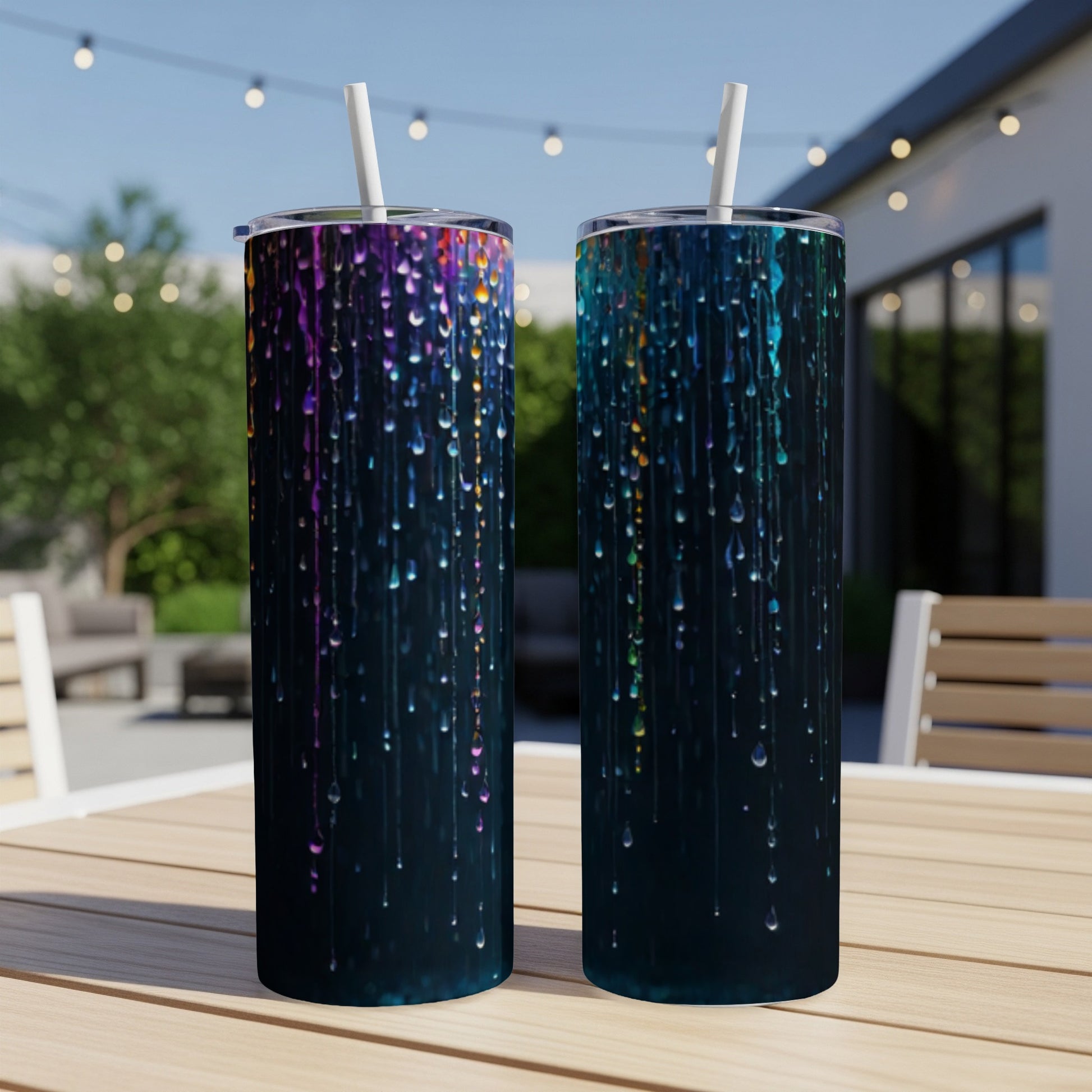 Two dark tumblers with colorful dripping glitter designs and straws.