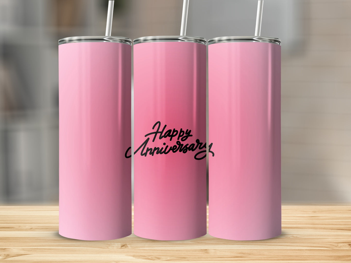 Three pink tumblers with "Happy Anniversary" text.