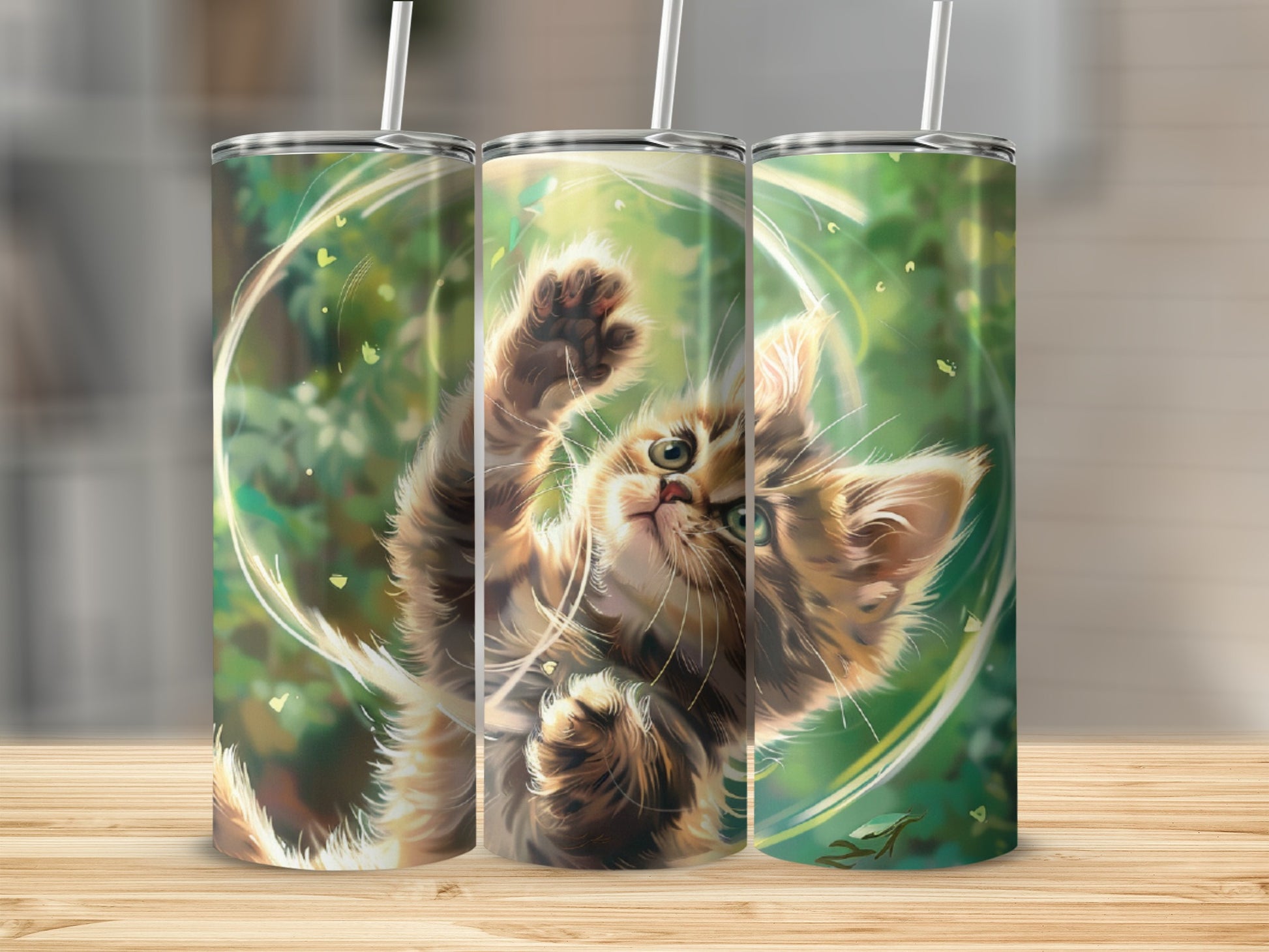 Kitten reaching out playfully with blurred green background and light streaks.