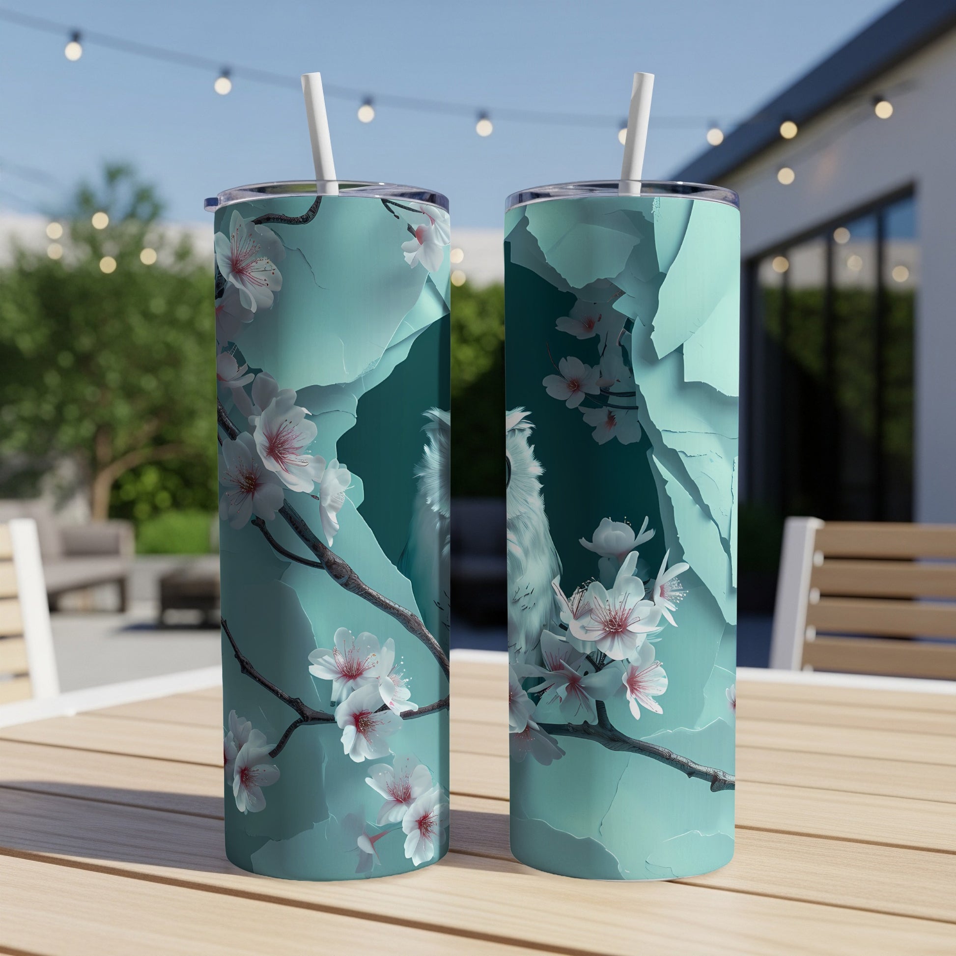 Two teal tumblers with white cherry blossoms and cracked ice design.
