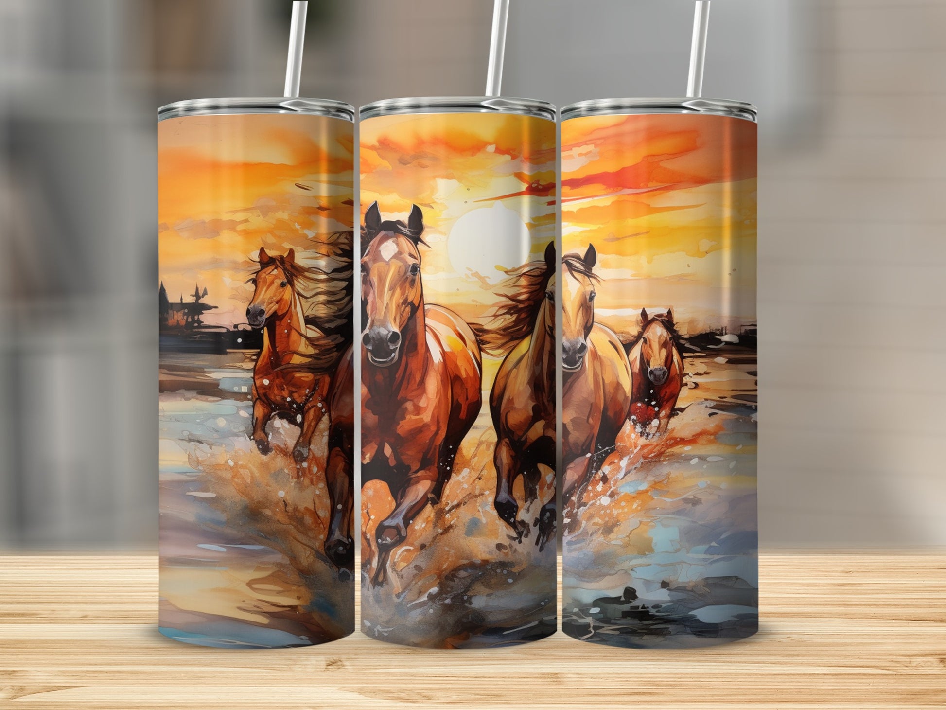 Three horses gallop through water against a sunset watercolor background.