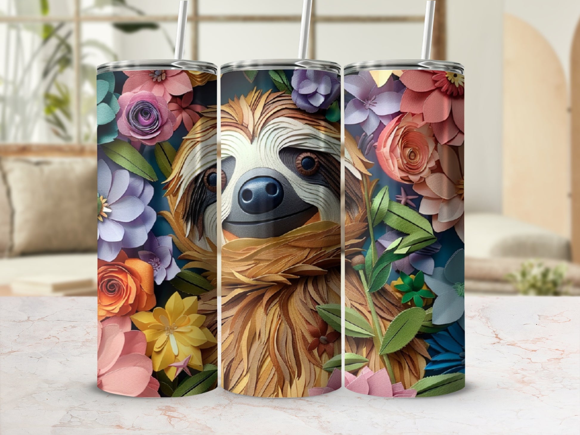 Three tumblers with a sloth and floral pattern.