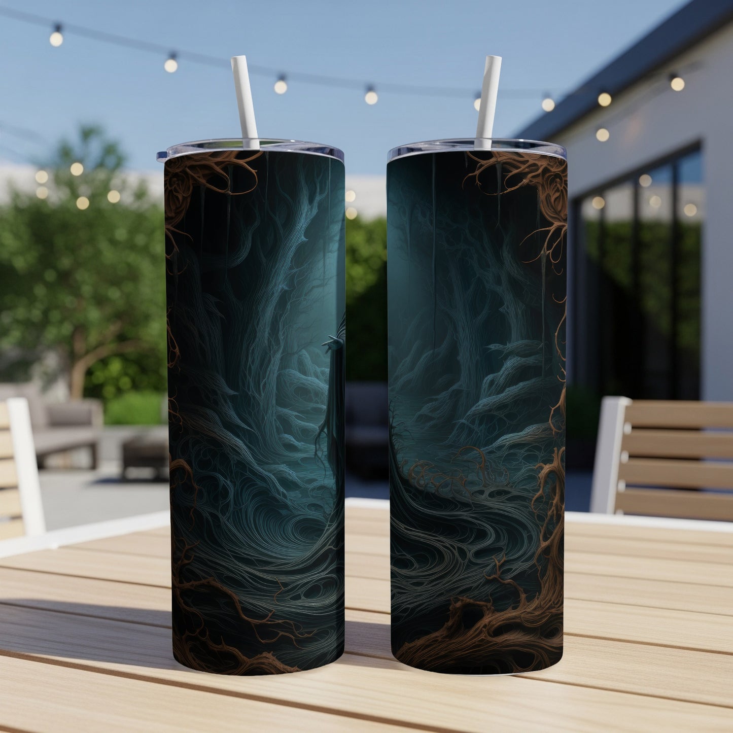 Two tumblers with a dark, abstract forest design featuring blue and brown swirling lines.