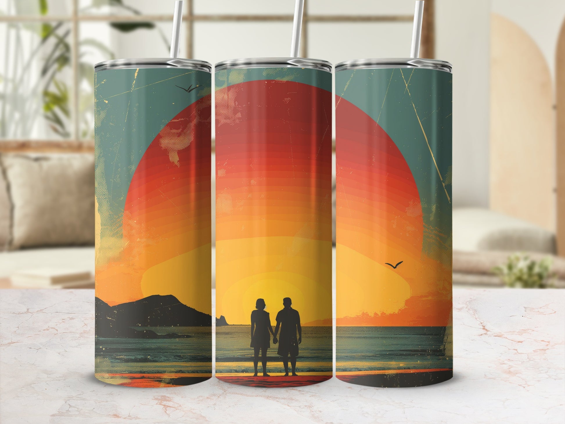 Couple holding hands on a beach at sunset, on a metal tumbler.