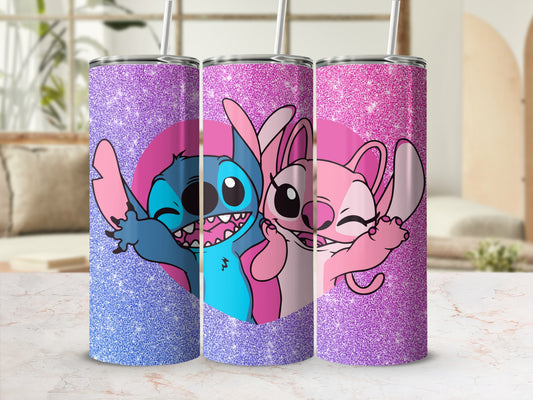 Cute Glittery Tumbler with Heart and Cartoon Characters