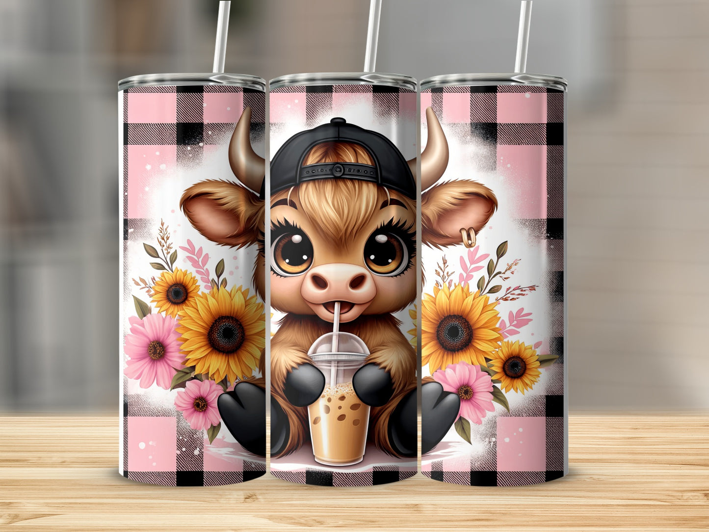 Cute cartoon cow with sunflowers holding a coffee cup, wearing a black baseball cap.