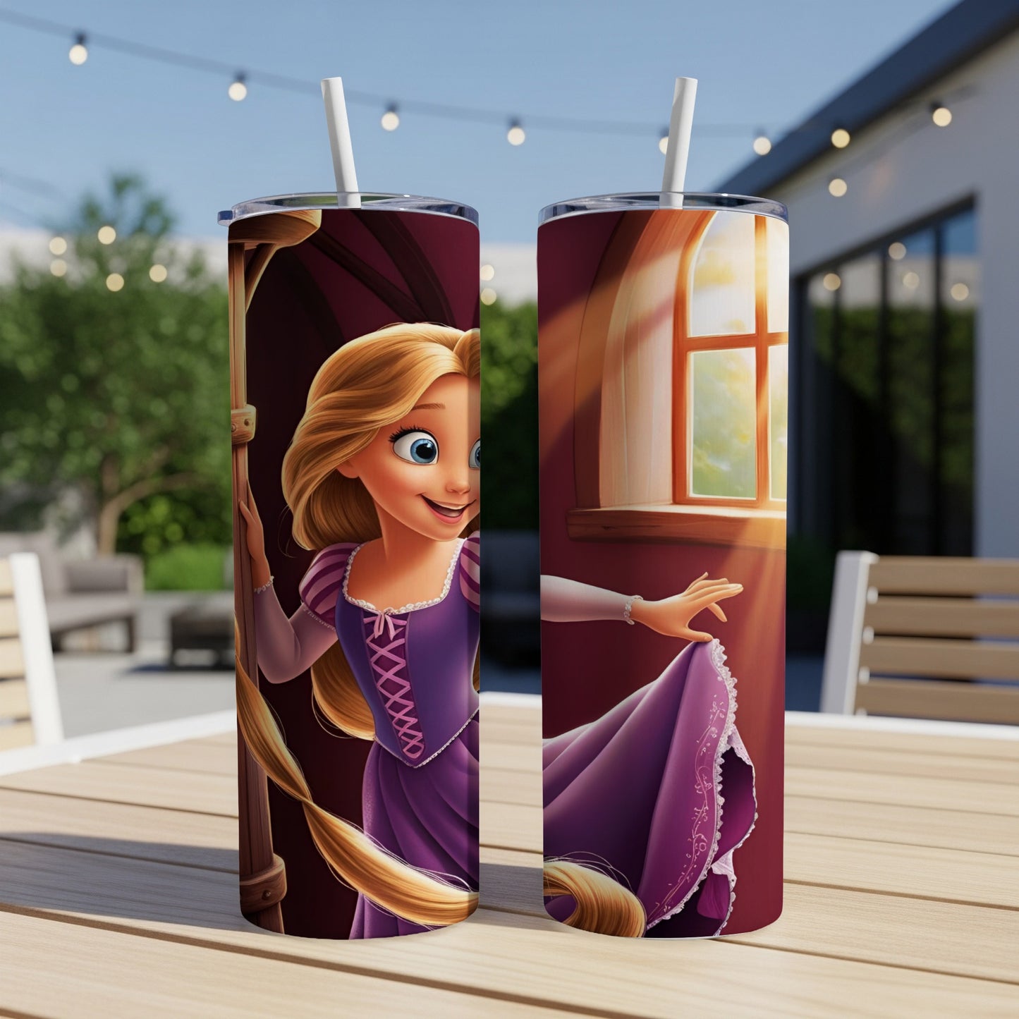 Rapunzel in a purple dress reaching towards a sunlit window.